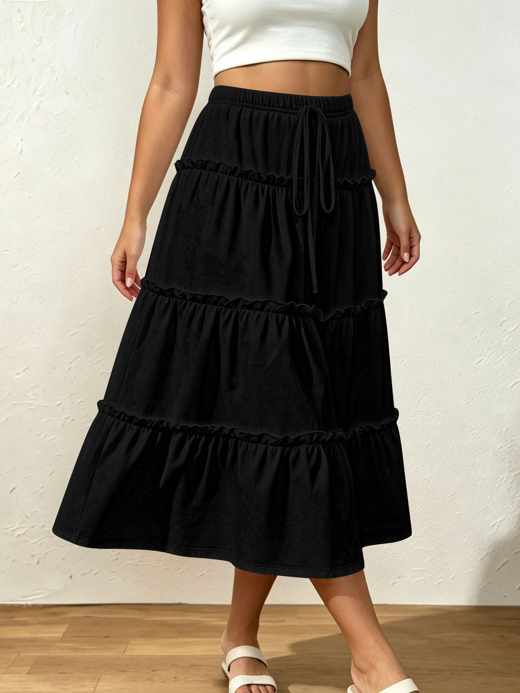 Drawstring Elastic Waist Loose Slimming Midi Tiered Skirt photo 4
