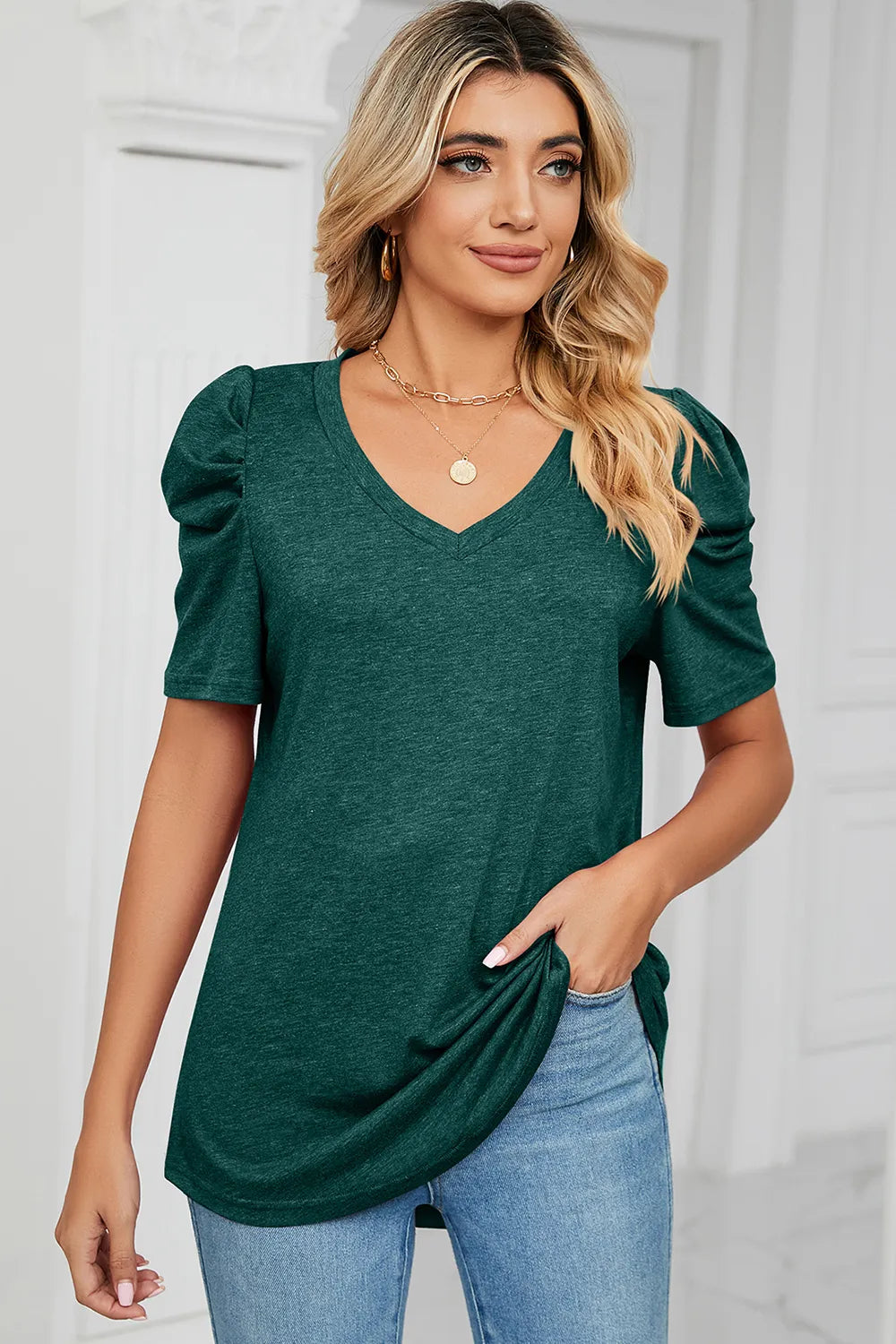 Heathered V-neck Puff Sleeve T-shirt (25)