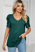 Heathered V-neck Puff Sleeve T-shirt (25)