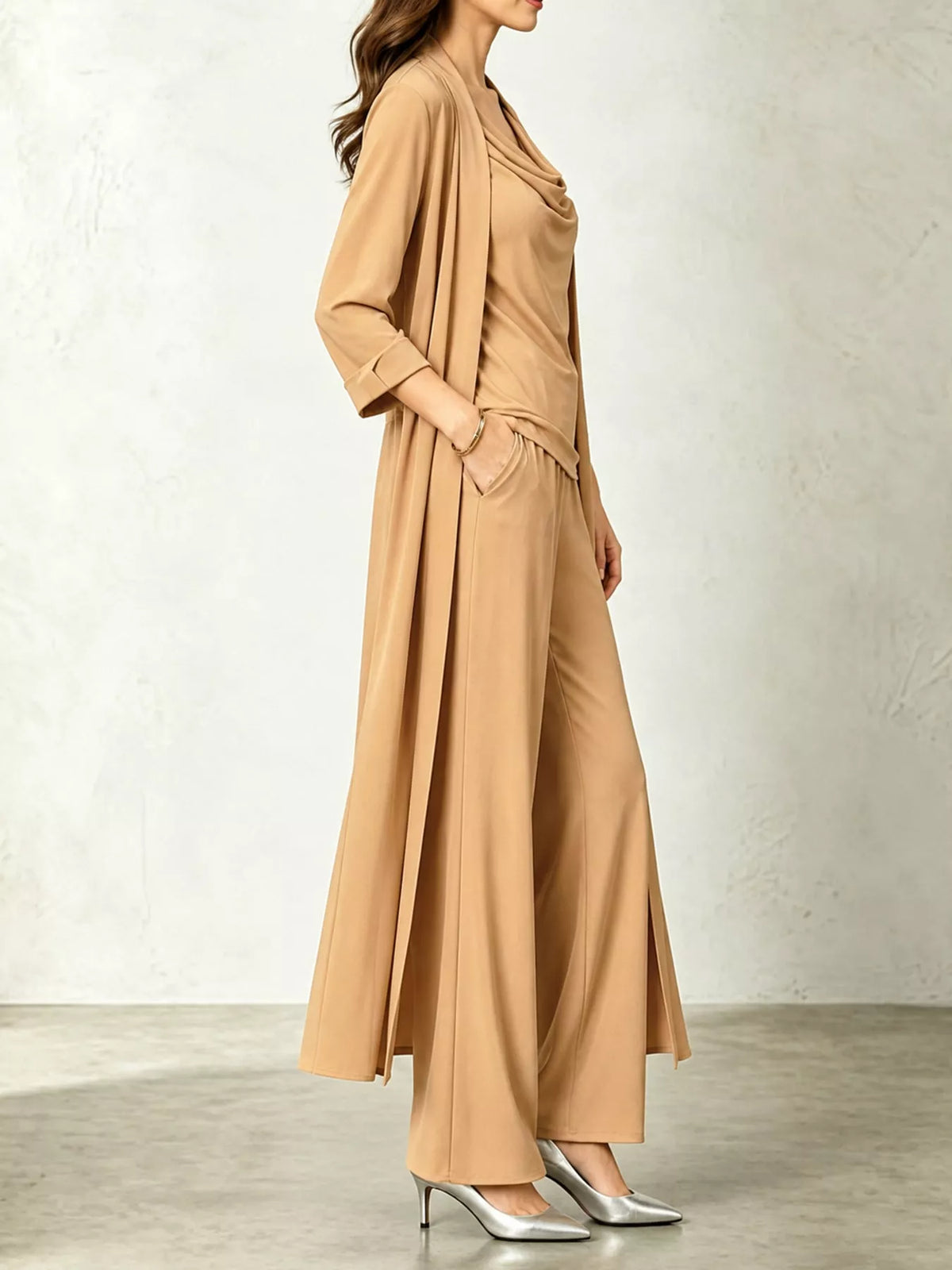 Full Size Cowl Neck Top Cardigan Pants Set Plus (10)