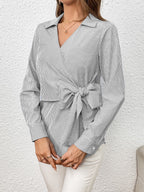Bow Tie Waist Johnny Collar Neck Striped Blouse (11)