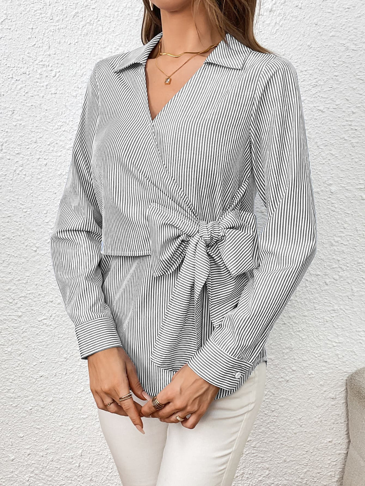 Bow Tie Waist Johnny Collar Neck Striped Blouse (11)