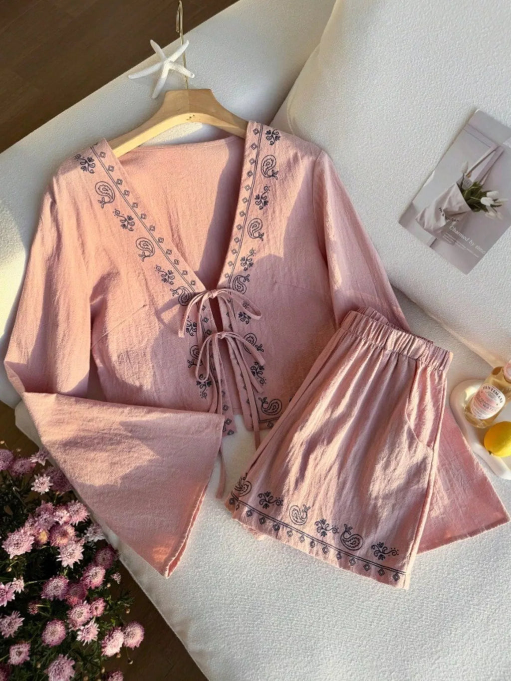 Embroidered Tie-front Top Shorts Set (22)