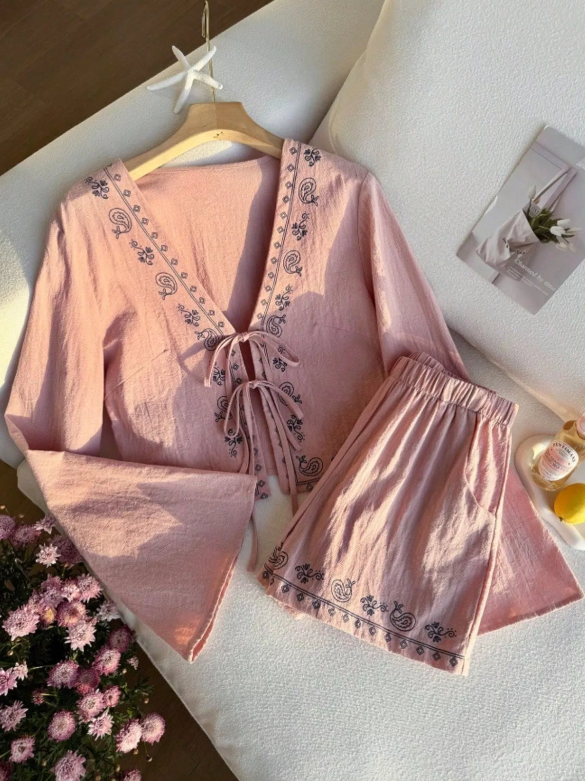 Embroidered Tie-front Top Shorts Set (22)