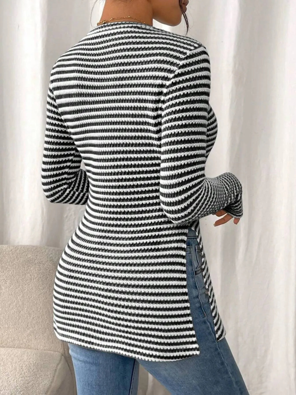 Side Slit Striped Long Sleeve T-shirt (15)