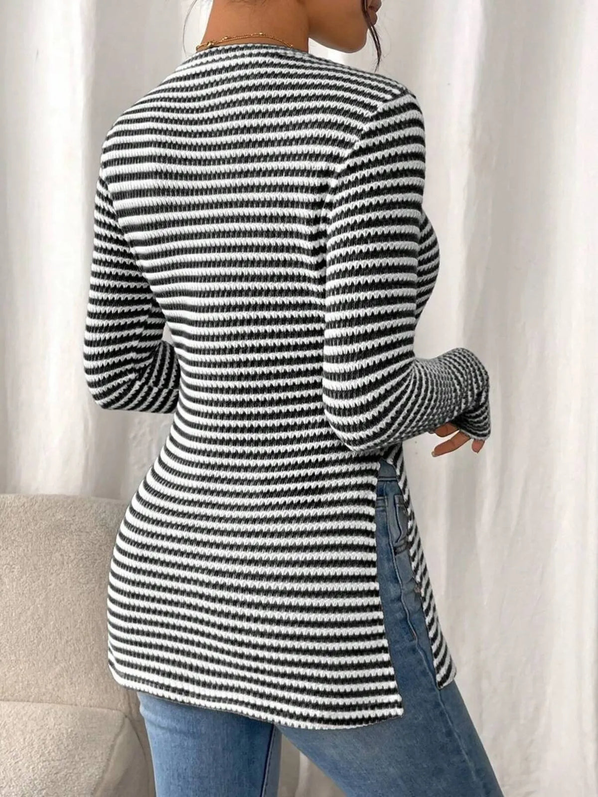 Side Slit Striped Long Sleeve T-shirt (15)