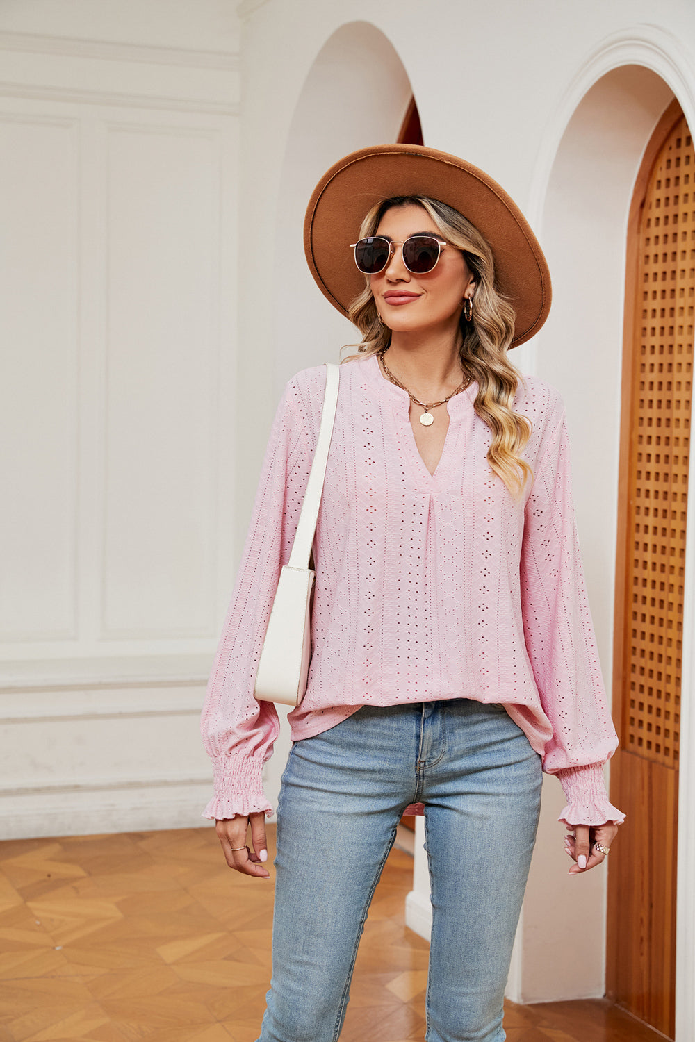 Notched Neck Flounce Sleeve Blouse (11)