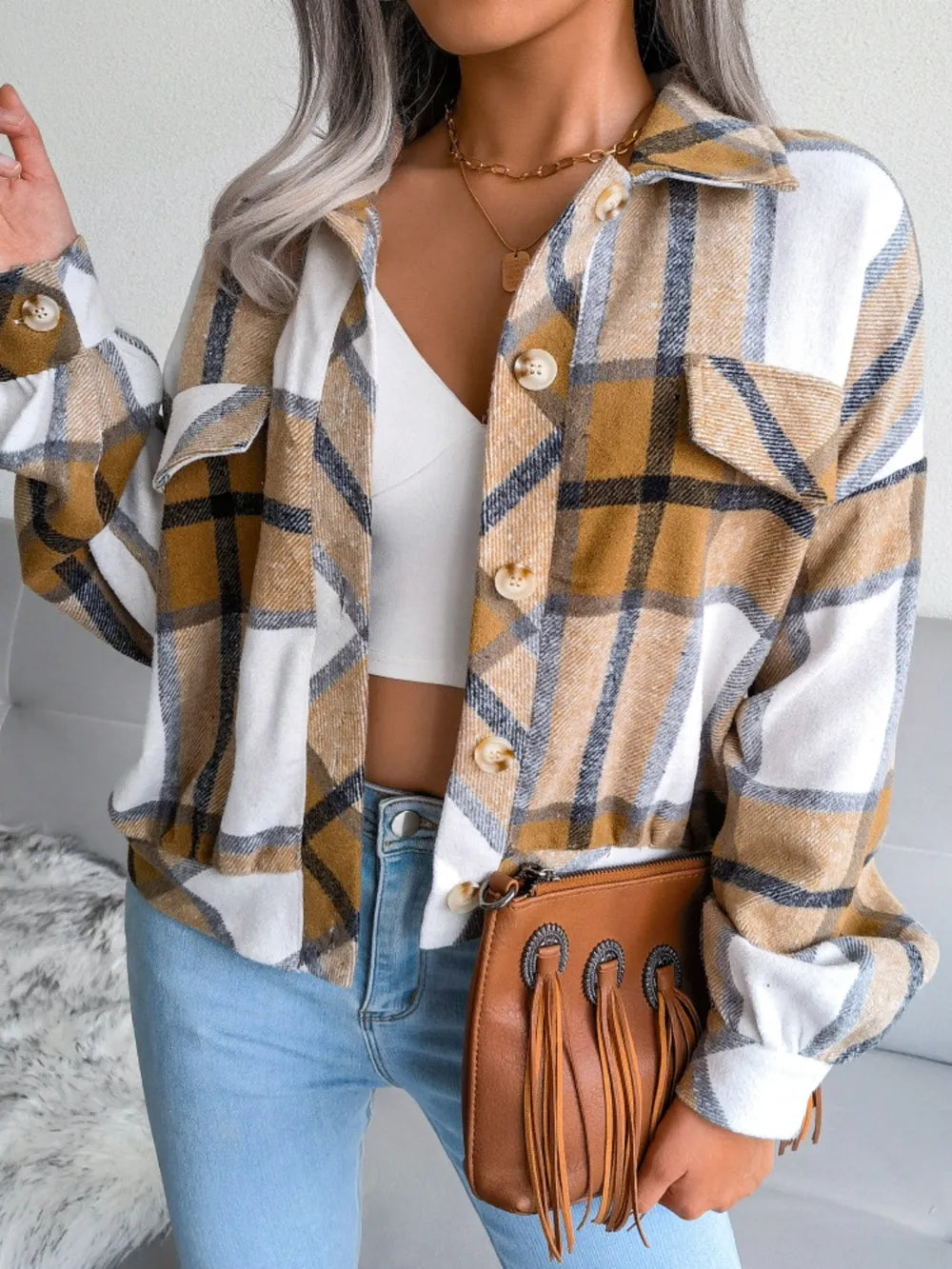 Plaid Collared Neck Long Sleeve Jacket (8)