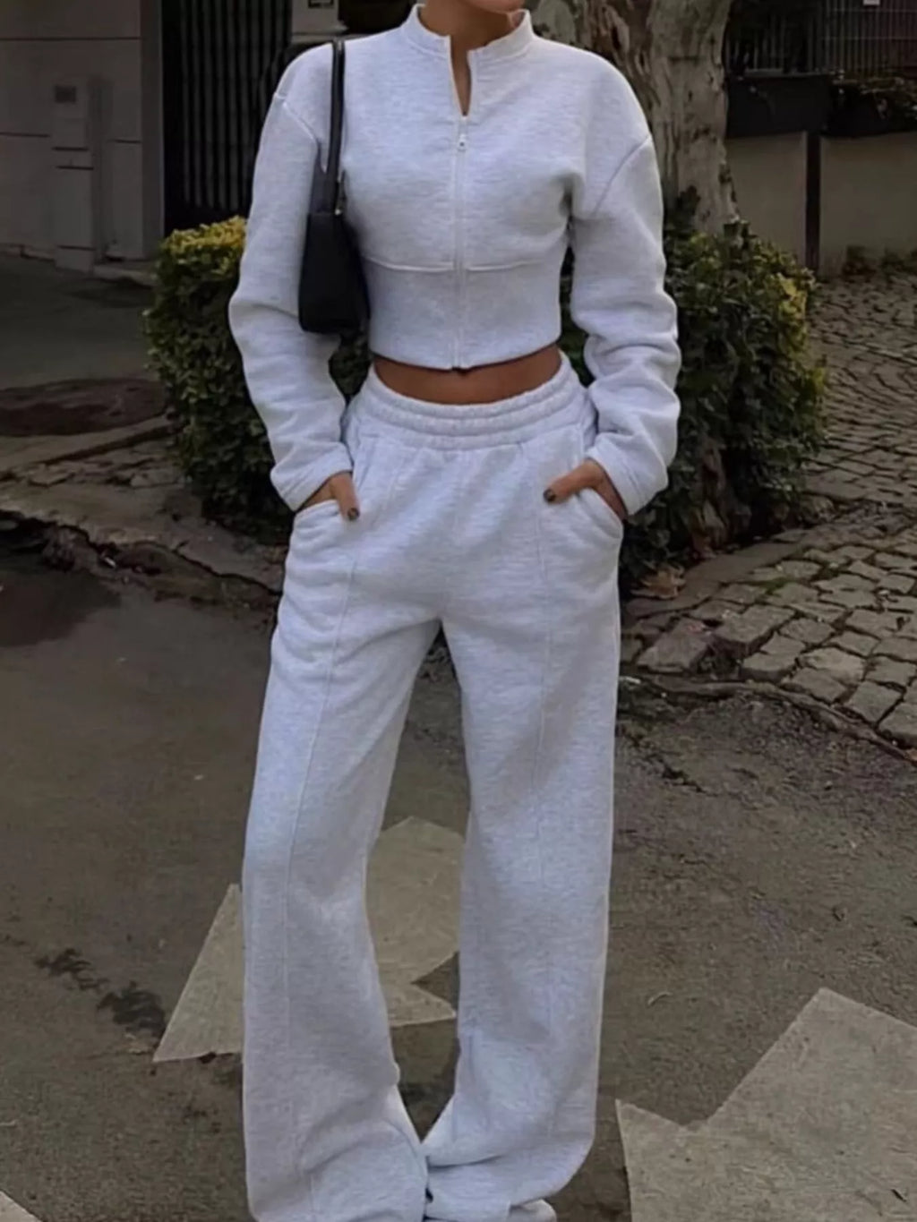 Zip-up Crop Jacket Wide-leg Pants Set (18)