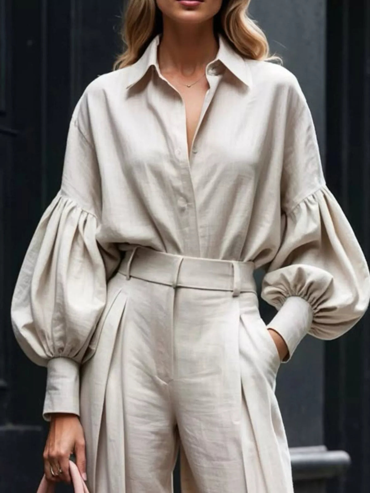 Lantern Sleeve Shirt Wide Leg Pants Set (5)