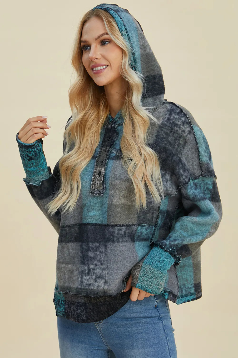 Full Size Plaid Dropped Shoulder Fleece Hoodie Plus (8)