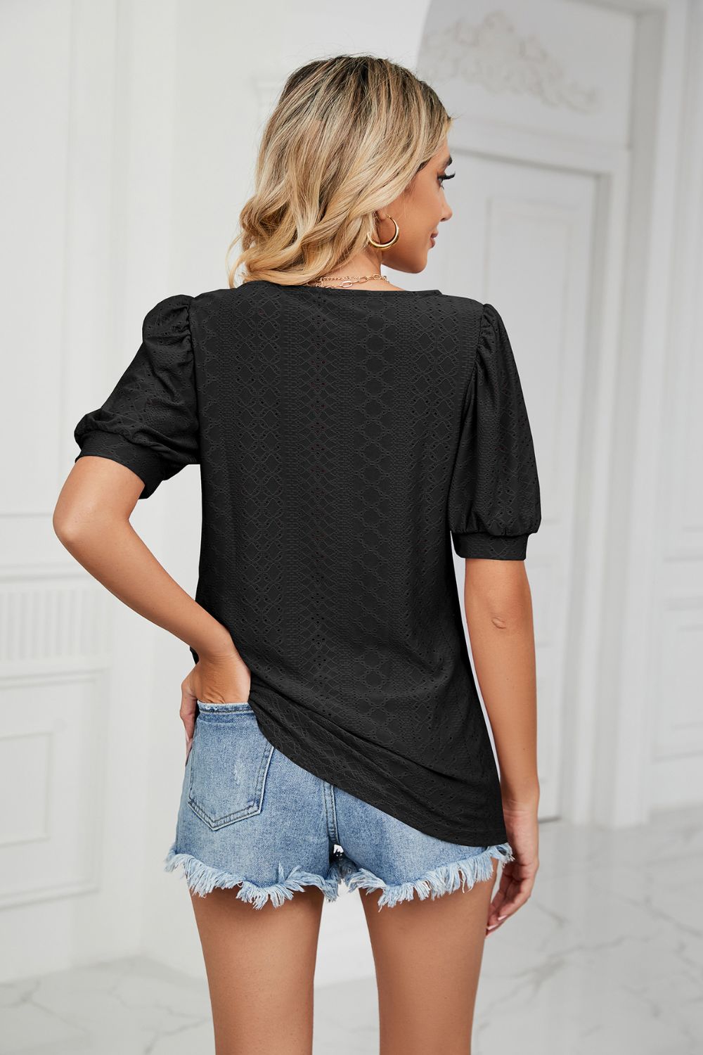 Eyelet Puff Sleeve Round Neck Top (9)