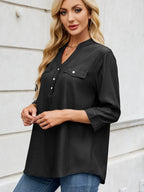 Notched Three-quarter Sleeve Denim Top (2)