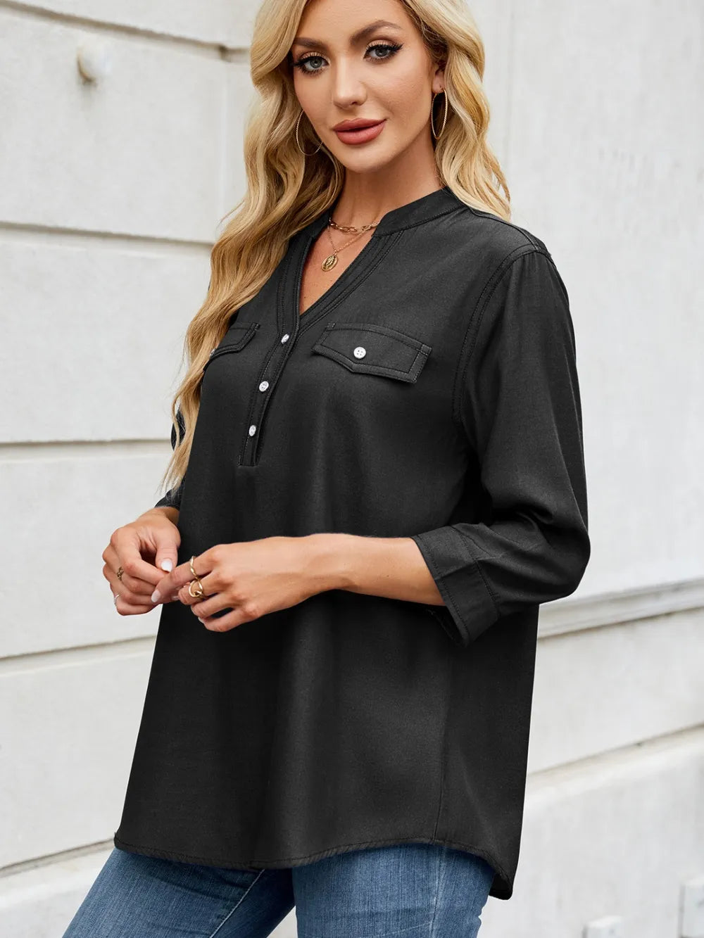 Notched Three-quarter Sleeve Denim Top (2)