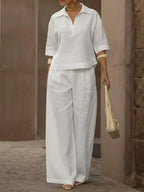 Full Size 3/4 Sleeve Top Wide Leg Pants Set Plus