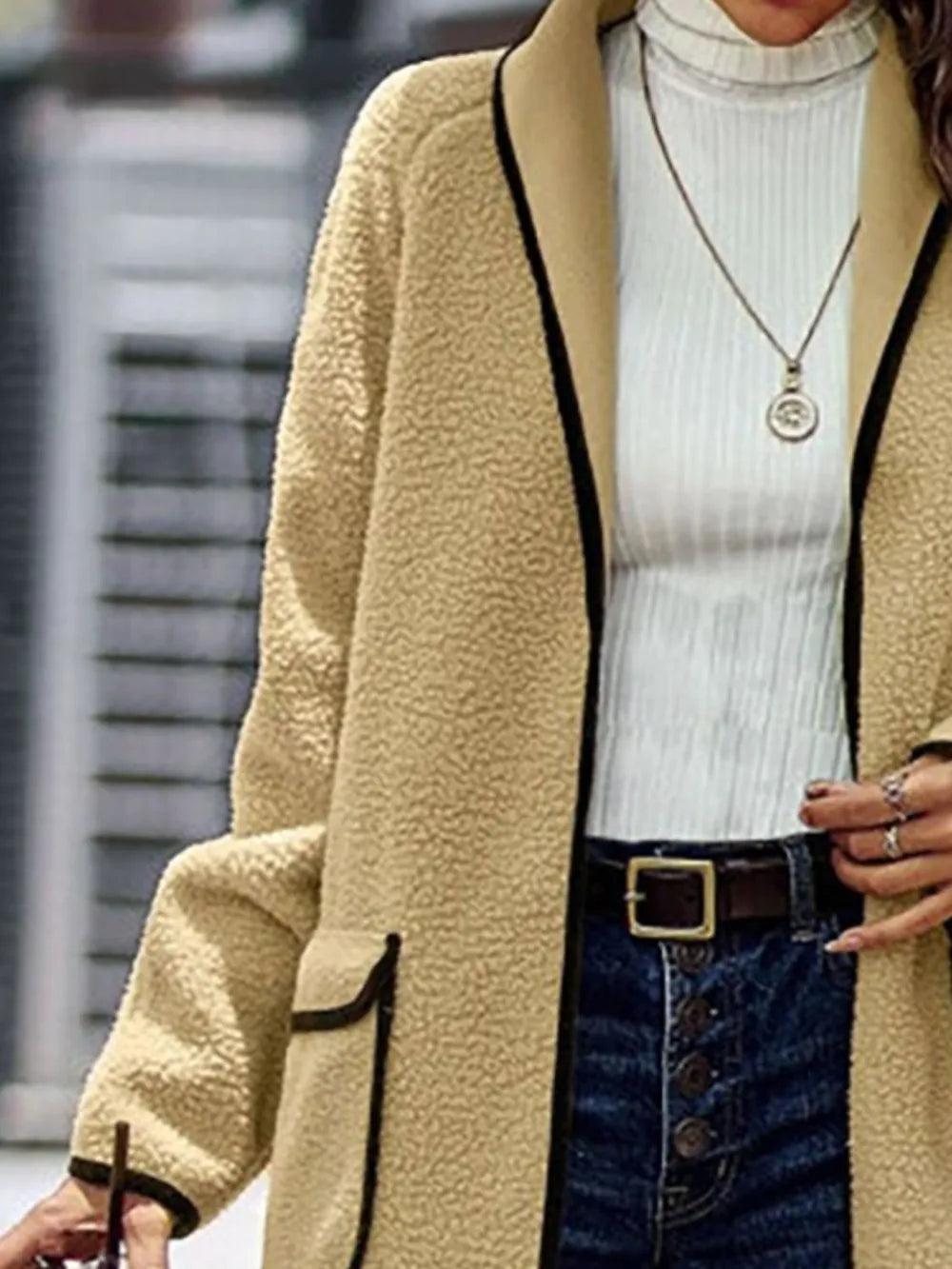 Full Size Contrast Trim Long Sleeve Coat Pockets (3)