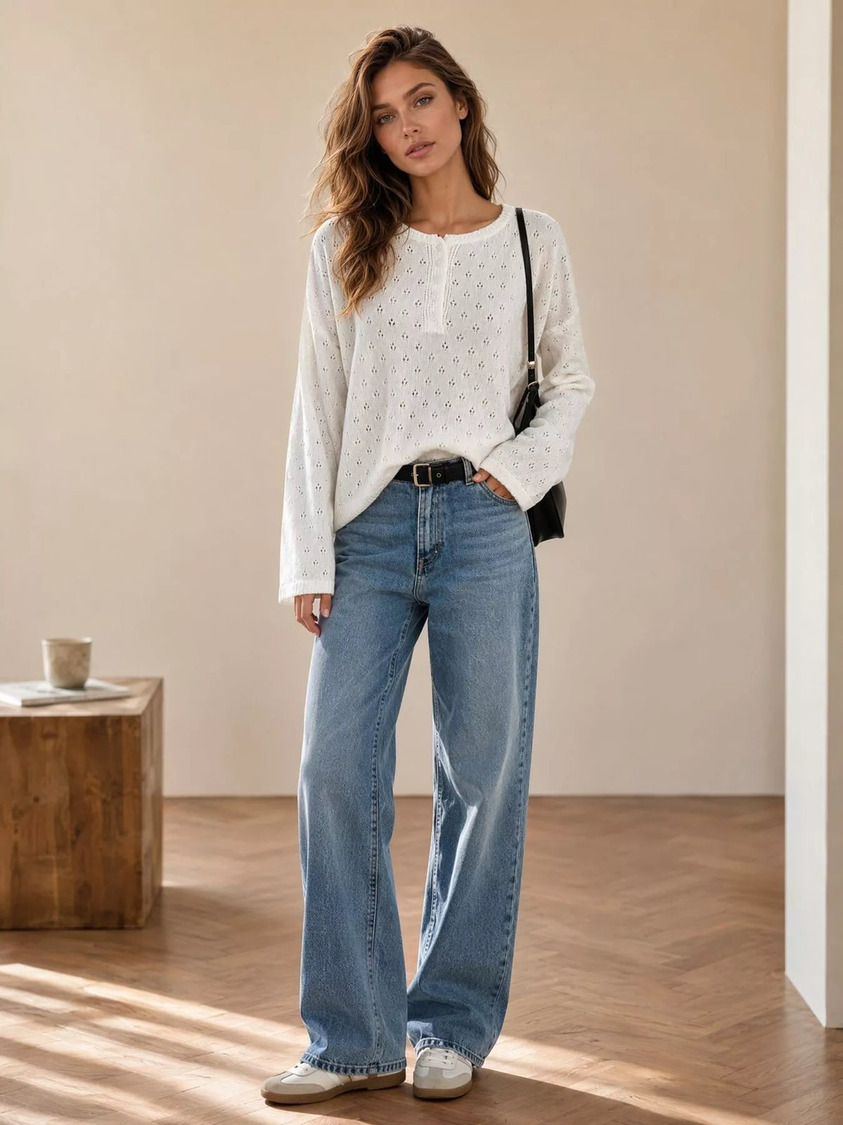 Pointelle Button-front Round Neck Knit Top (5)
