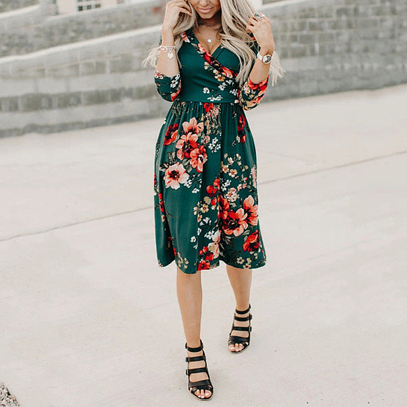 Printed Long Sleeve V-neck Pocket Dress photo 5