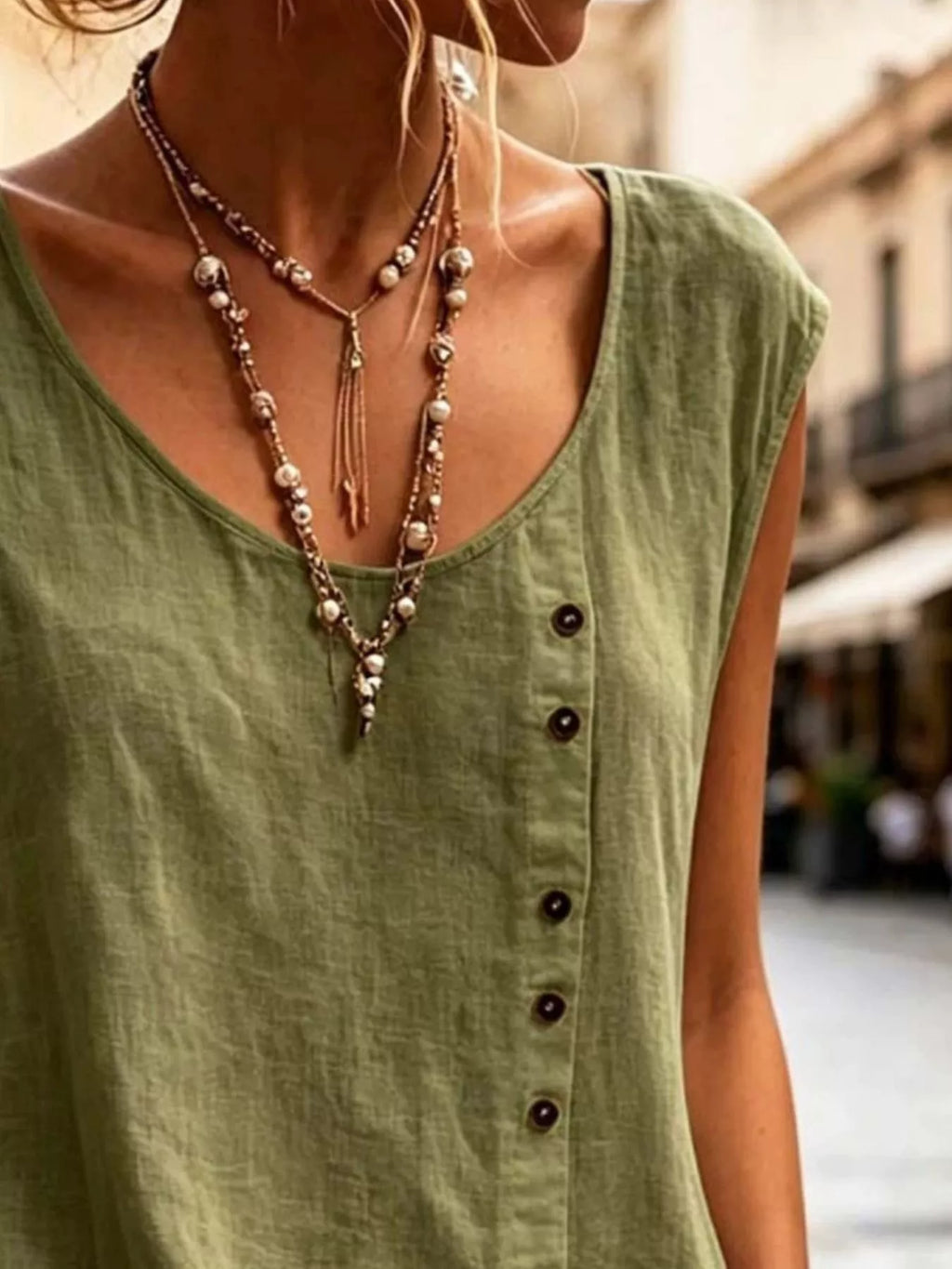 Full Size Round Neck Decor Button Tank Plus (4)