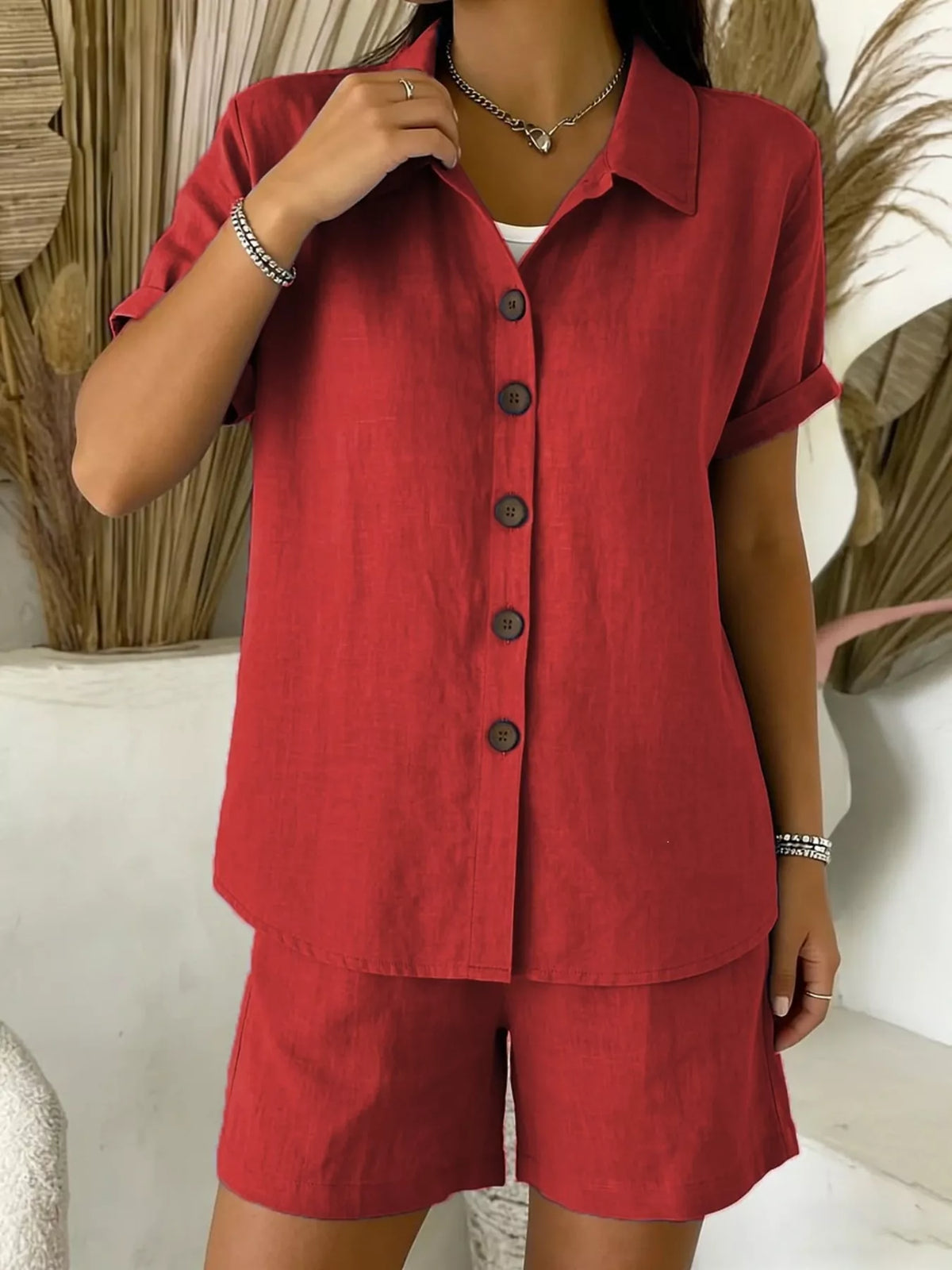 Full Size Button-up Shirt Shorts Set Plus (6)