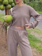 Waffle-knit Round Neck Top Pants Set (19)