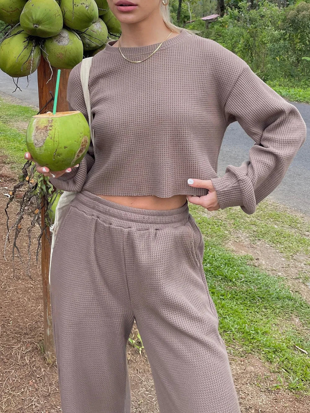 Waffle-knit Round Neck Top Pants Set (19)