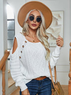 Decorative Button Cold-shoulder Sweater (5)