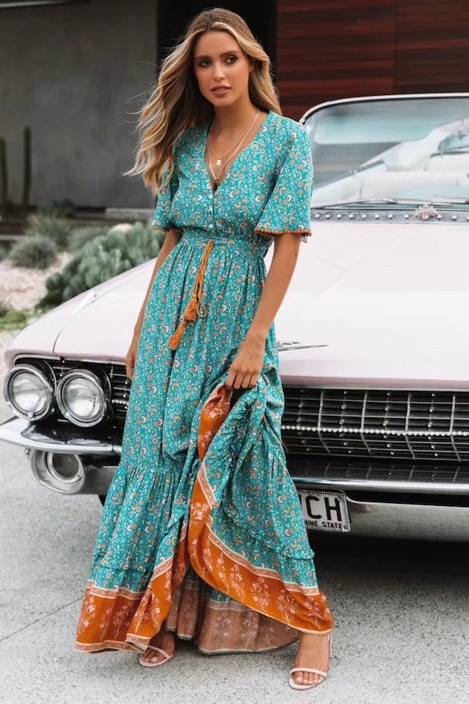 Bohemian V-neck Dress variant CJNSSYLY06092-Green-S|CJNSSYLY06092-Green-M|CJNSSYLY06092-Green-XL|CJNSSYLY06092-Green-L|CJNSSYLY06092-Green-2XL