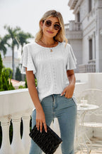 Eyelet Flutter Sleeve Round Neck Top (5)