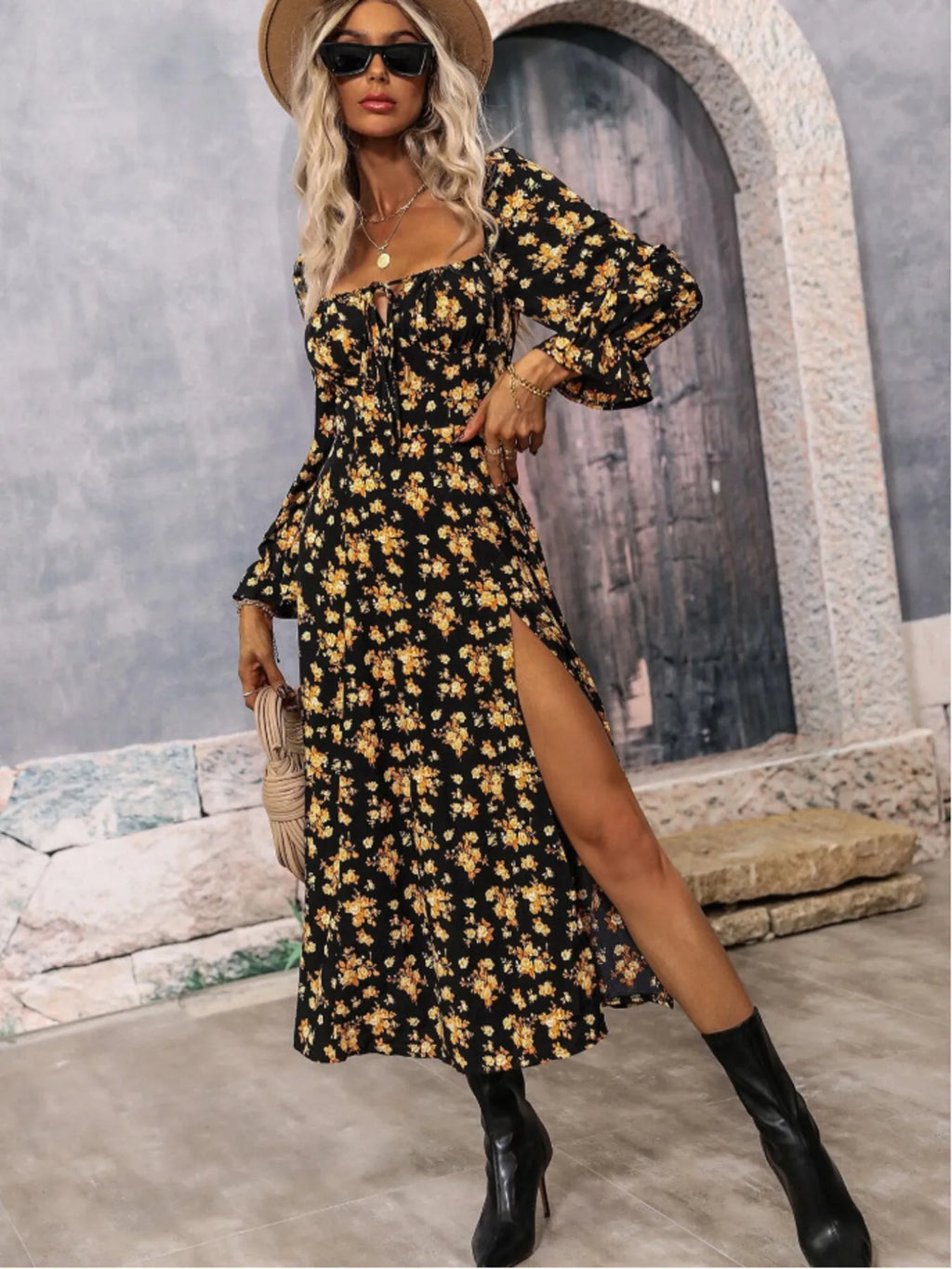 Floral Print Square Neck Flounce Sleeve Dress Side Slit (6)