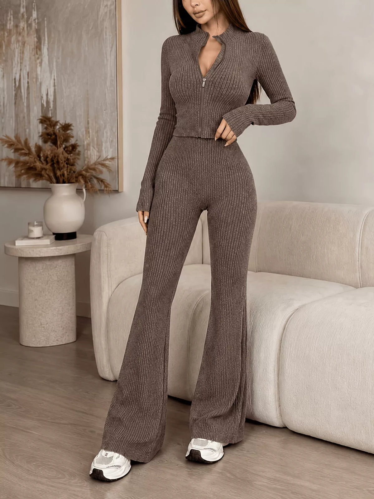 Ribbed Zip-up Cardigan Pants Knit Set (7)