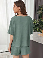 Full Size Waffle-knit Dropped Shoulder Top Shorts Set (15)