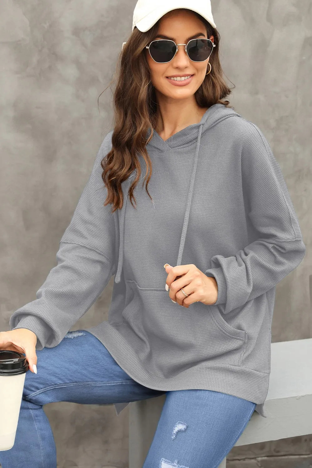 Waffle-knit Long Sleeve Hoodie (2)