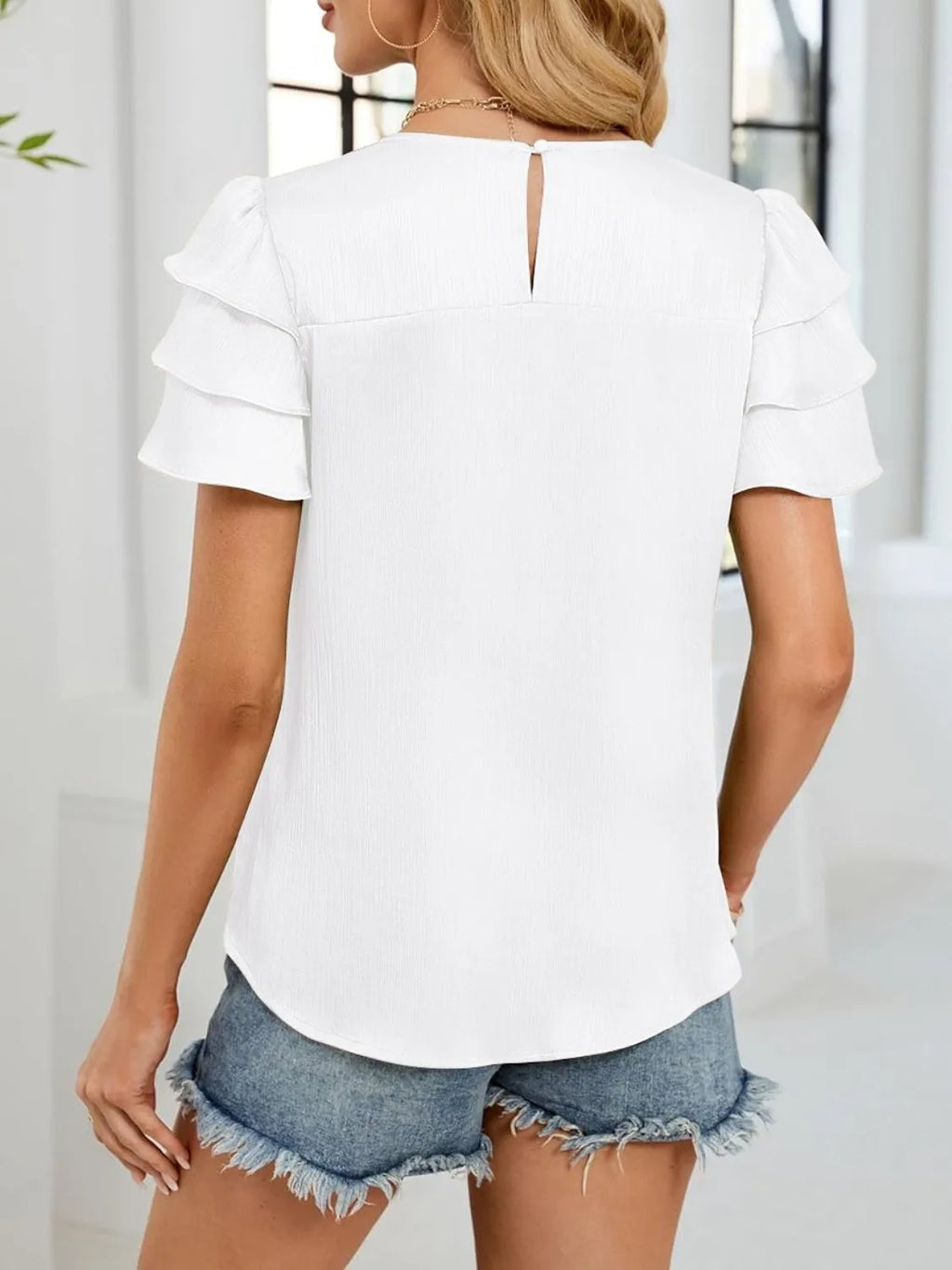 Smocked Round Neck Ruffled Layered Sleeve Blouse (17)
