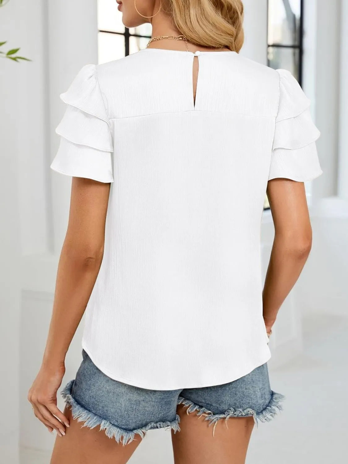 Smocked Round Neck Ruffled Layered Sleeve Blouse (17)
