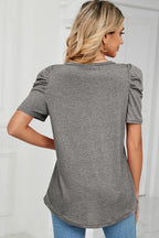 Heathered V-neck Puff Sleeve T-shirt (21)