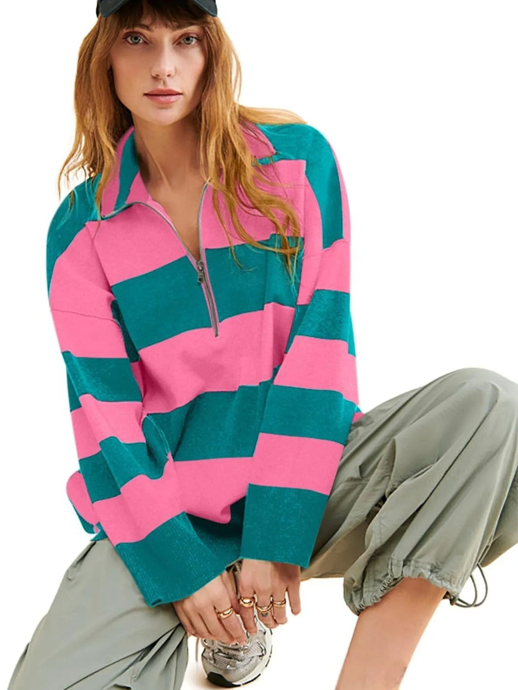 Striped Half-zip Oversized Sweatshirt (3)