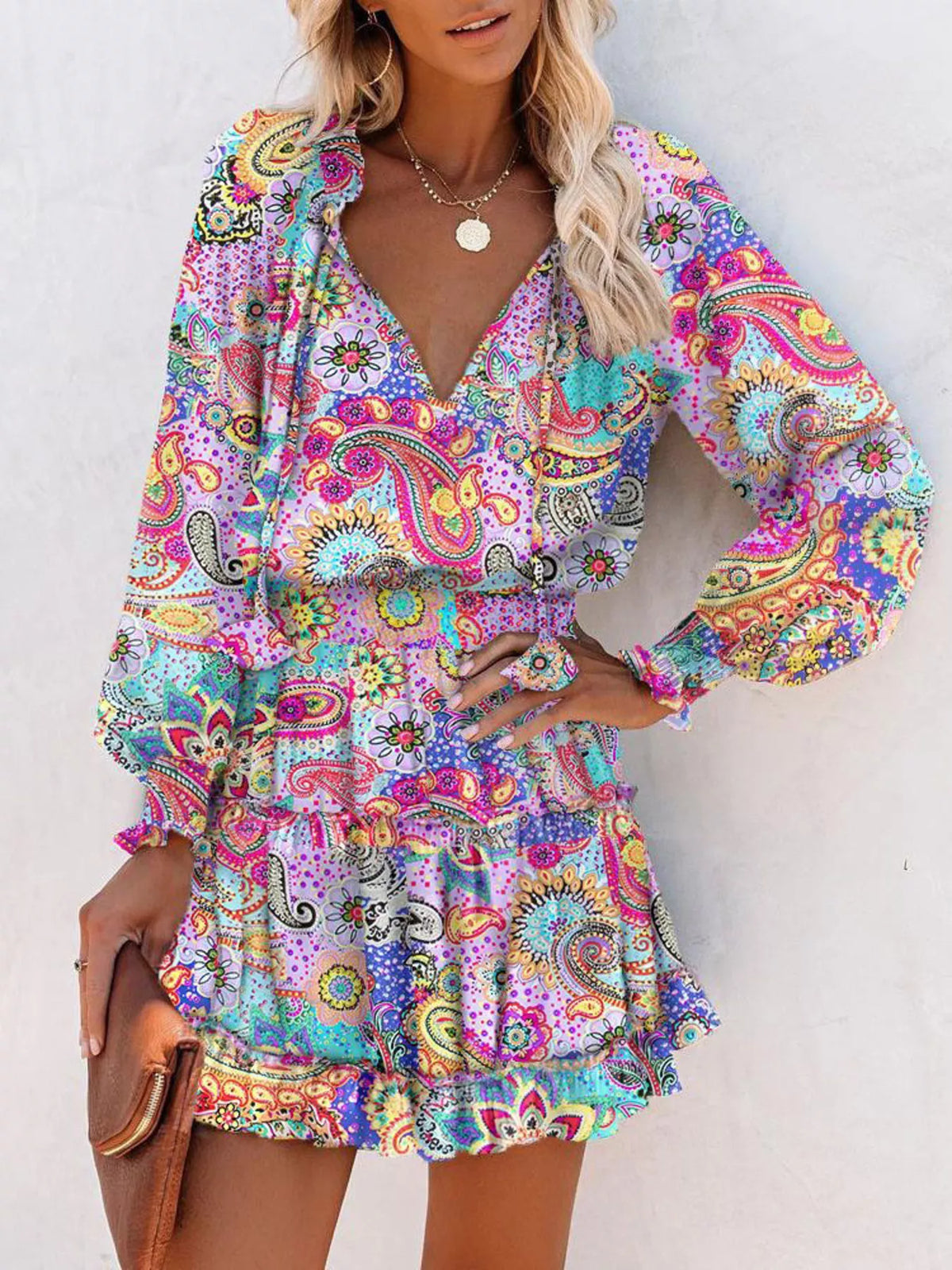 Tie Neck Lantern Sleeve Dress (8)