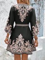 Printed V-neck Balloon Sleeve Mini Dress (9)