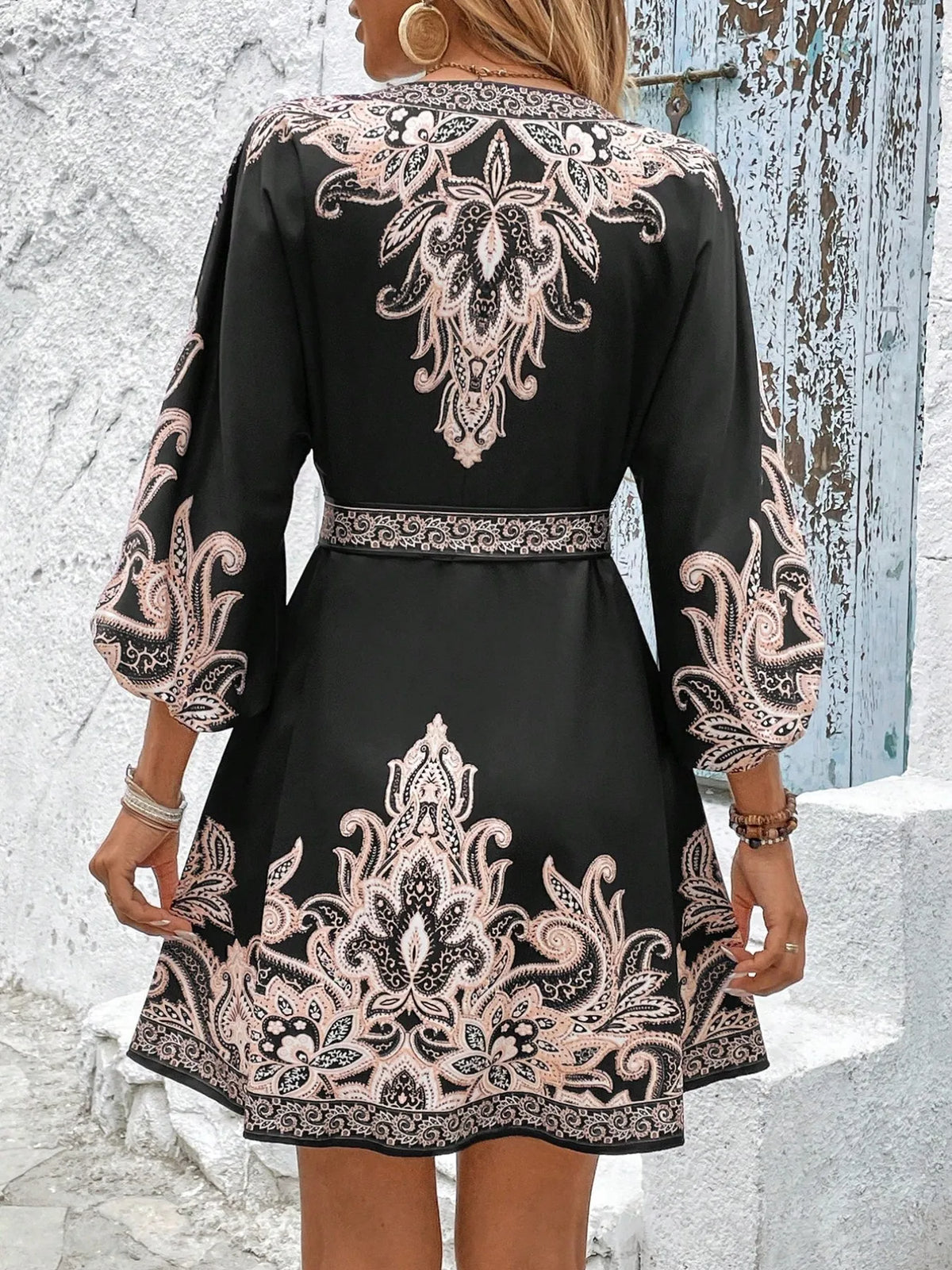 Printed V-neck Balloon Sleeve Mini Dress (9)