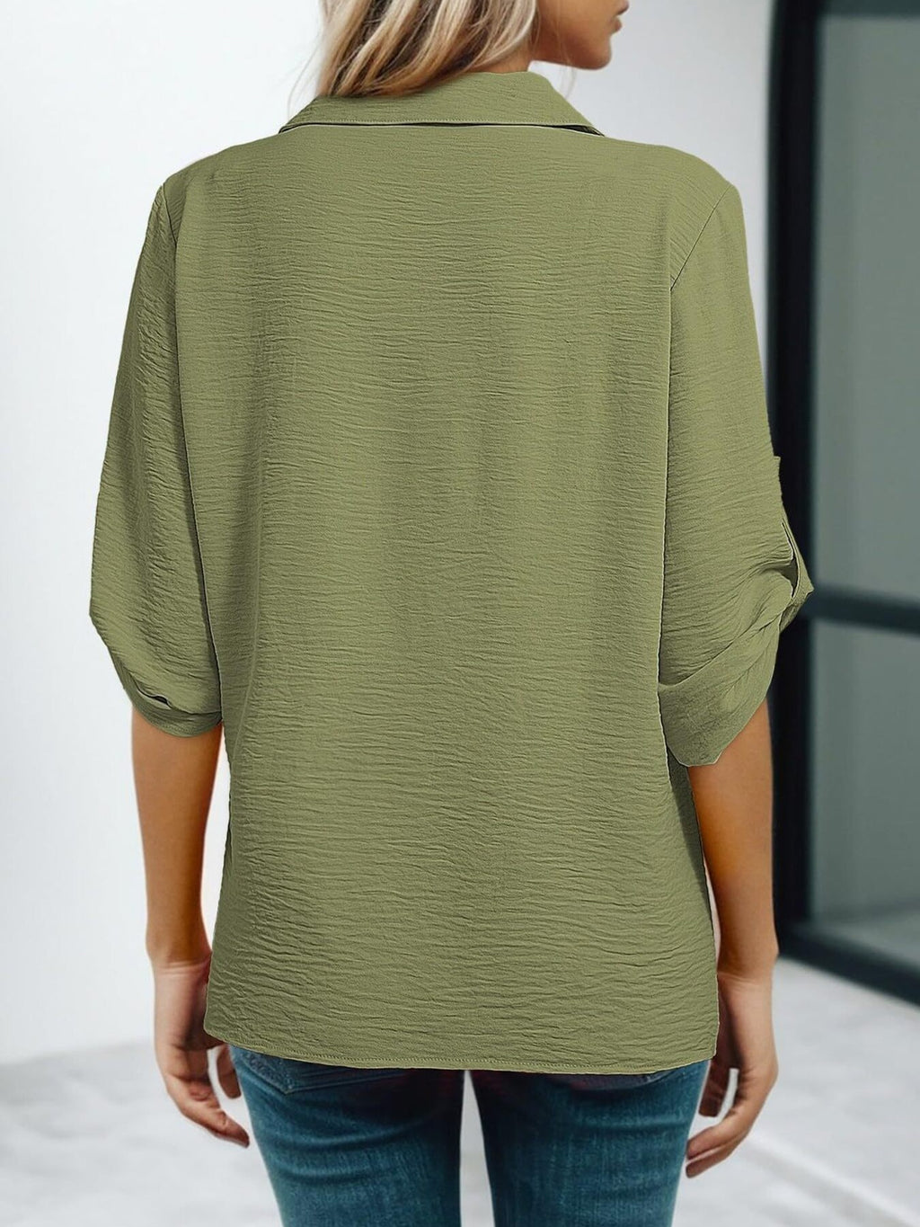 Johnny Collar Roll-up Sleeve Blouse (17)