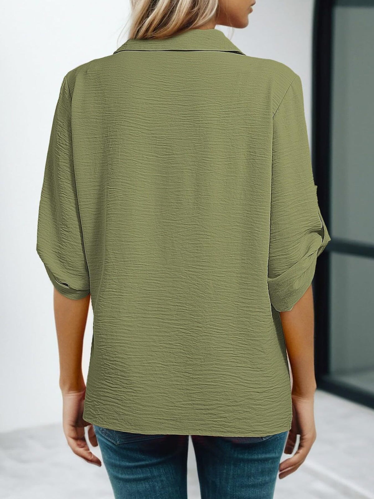 Johnny Collar Roll-up Sleeve Blouse (17)