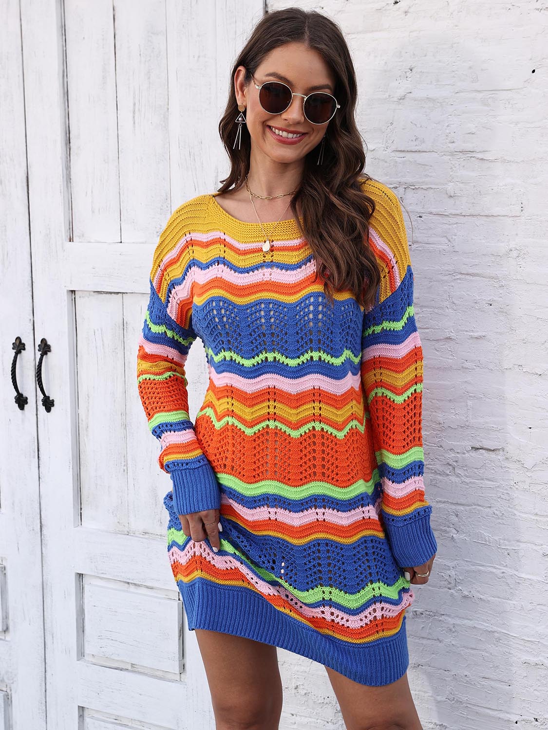 Openwork Round Neck Sweater Dress (4)