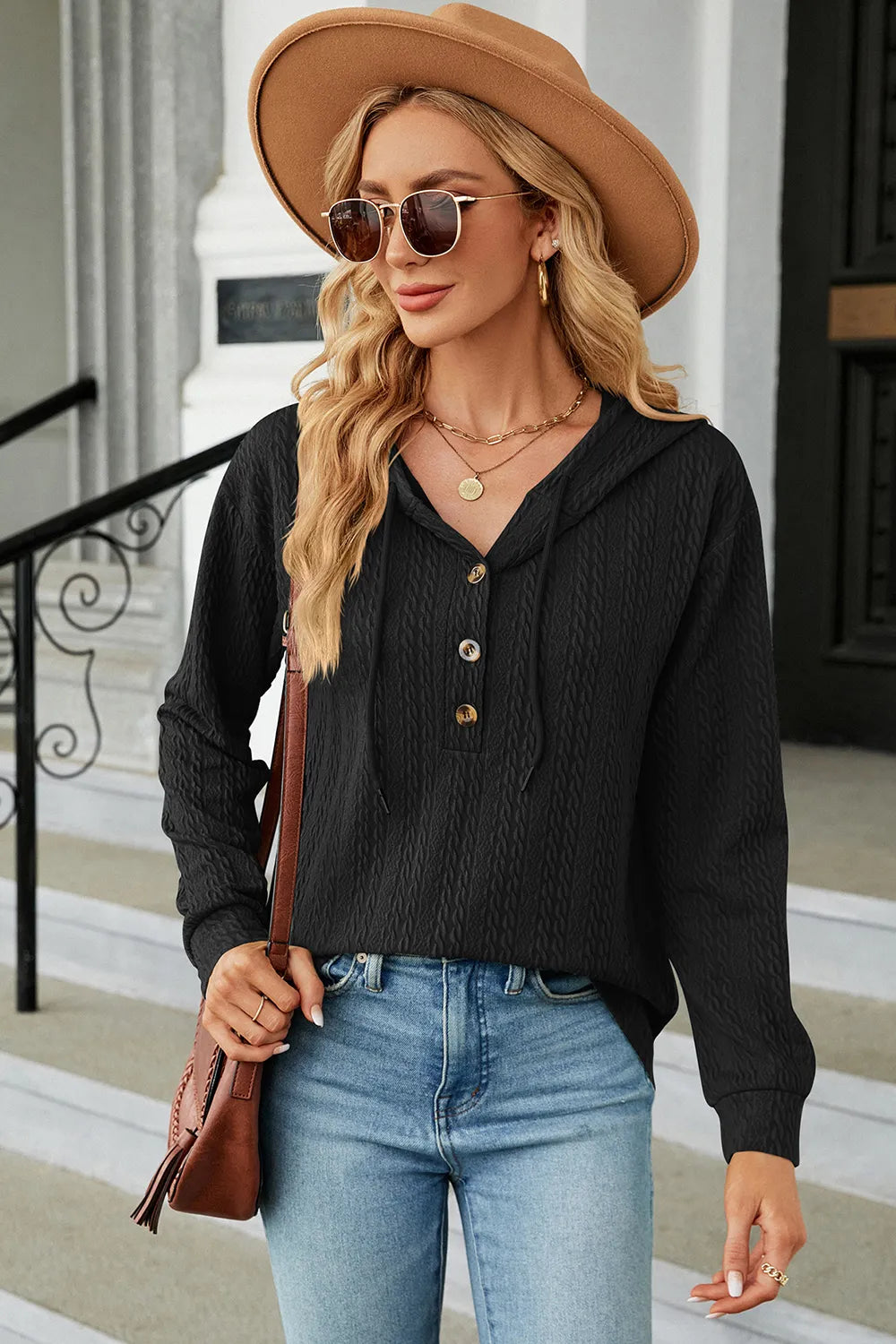 Drawstring Half Button Long Sleeve Hoodie (14)