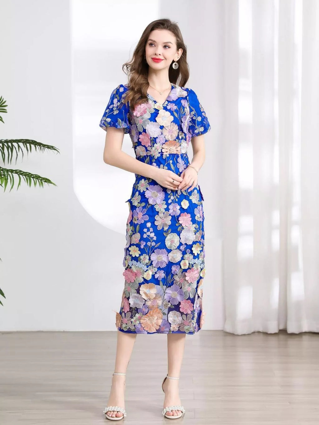 Floral Embroidered Puff Sleeve Midi Dress (22)