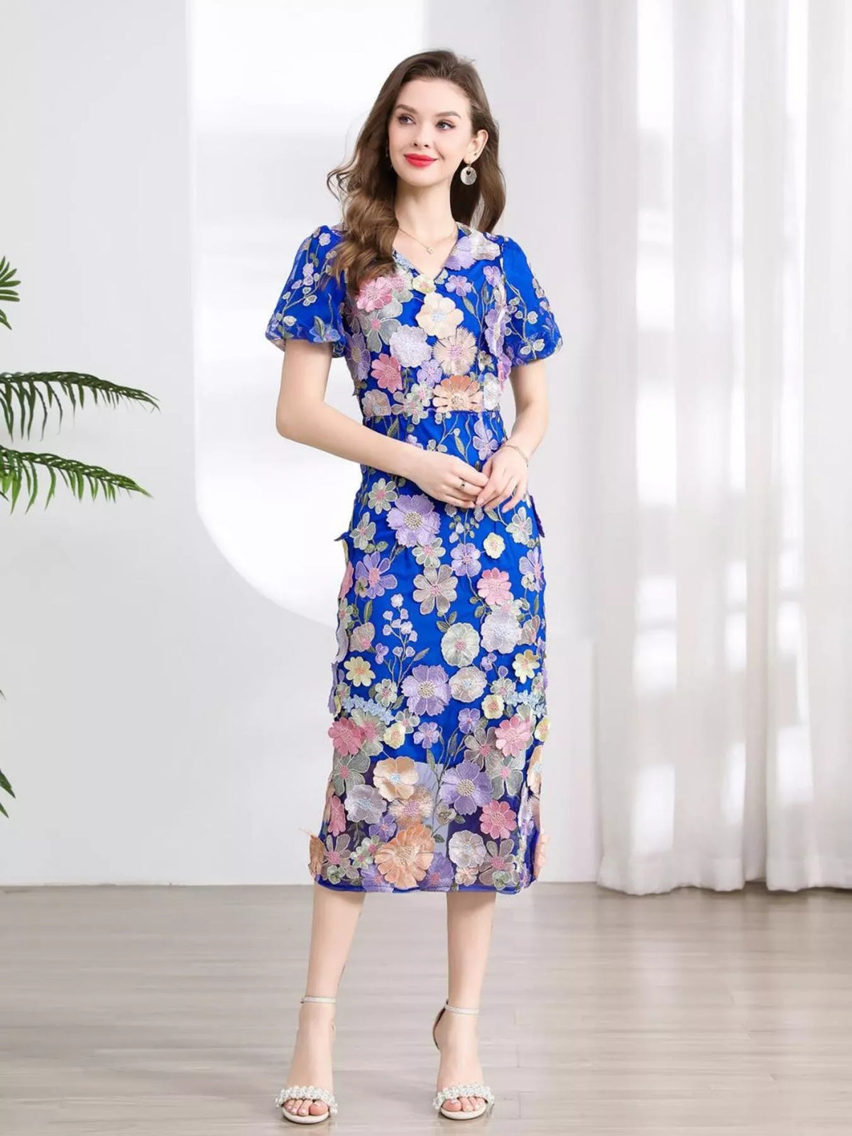 Floral Embroidered Puff Sleeve Midi Dress (22)