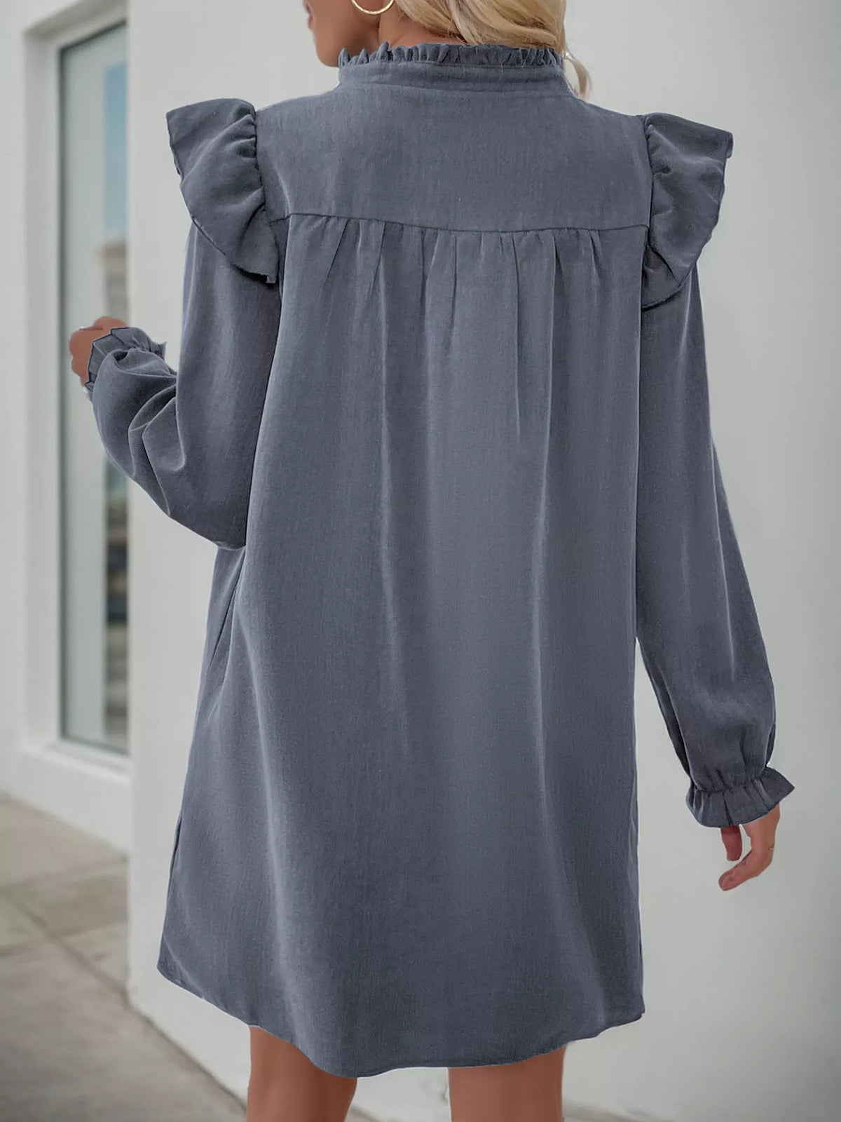Ruffled Notched Long Sleeve Dress (21)