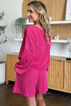 Full Size Texture V-neck Long Sleeve T-shirt Shorts Set (9)