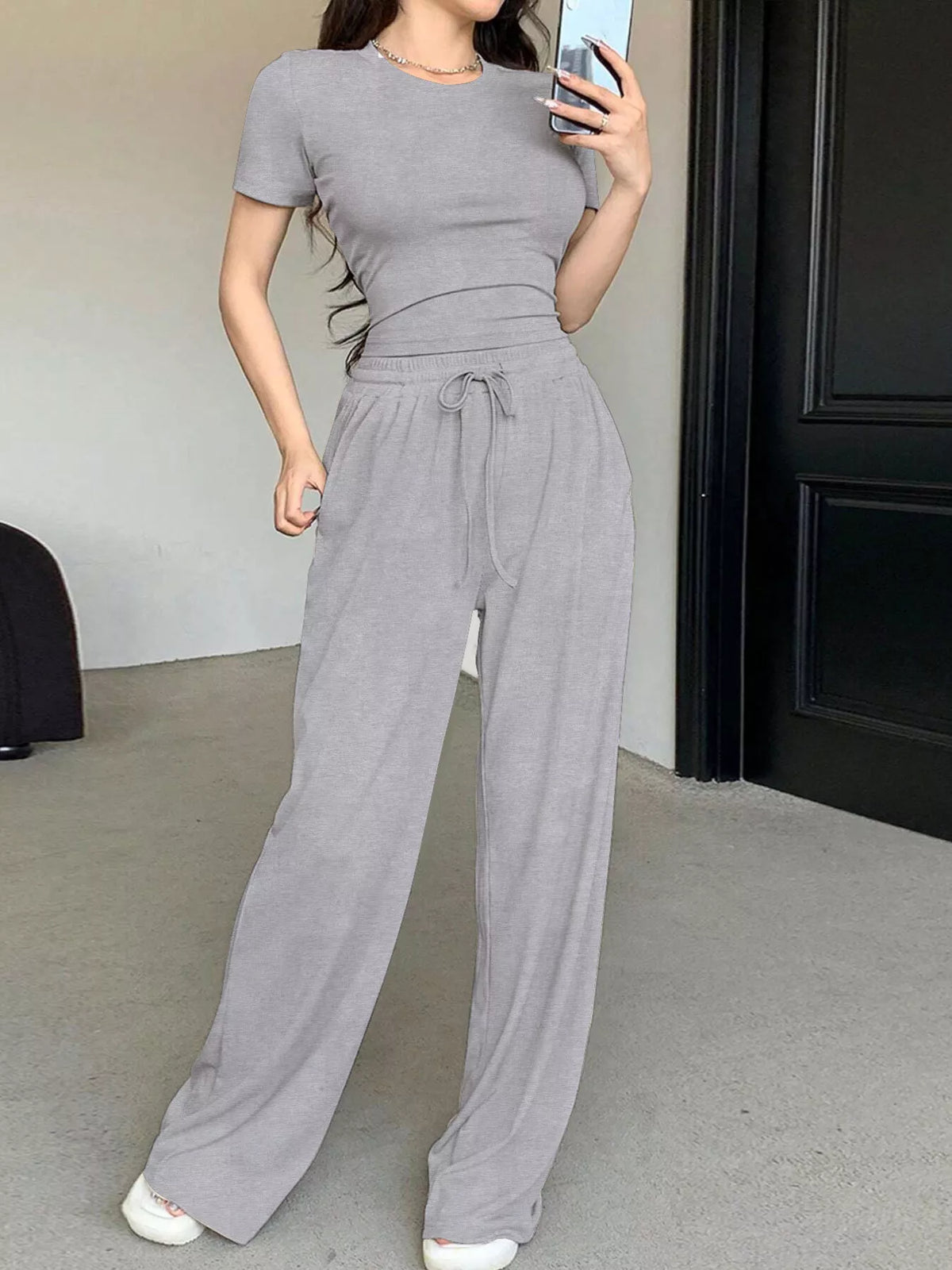 Solid Color Short Sleeve Crop Top Wide Leg Pants Set (8)