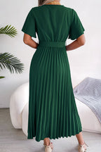 Pleated Flutter Sleeve Belted Dress (2)